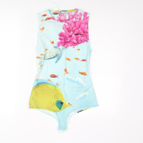 Zara Womens Blue Polyester Bodysuit One-Piece Size M Snap - Sealife Print