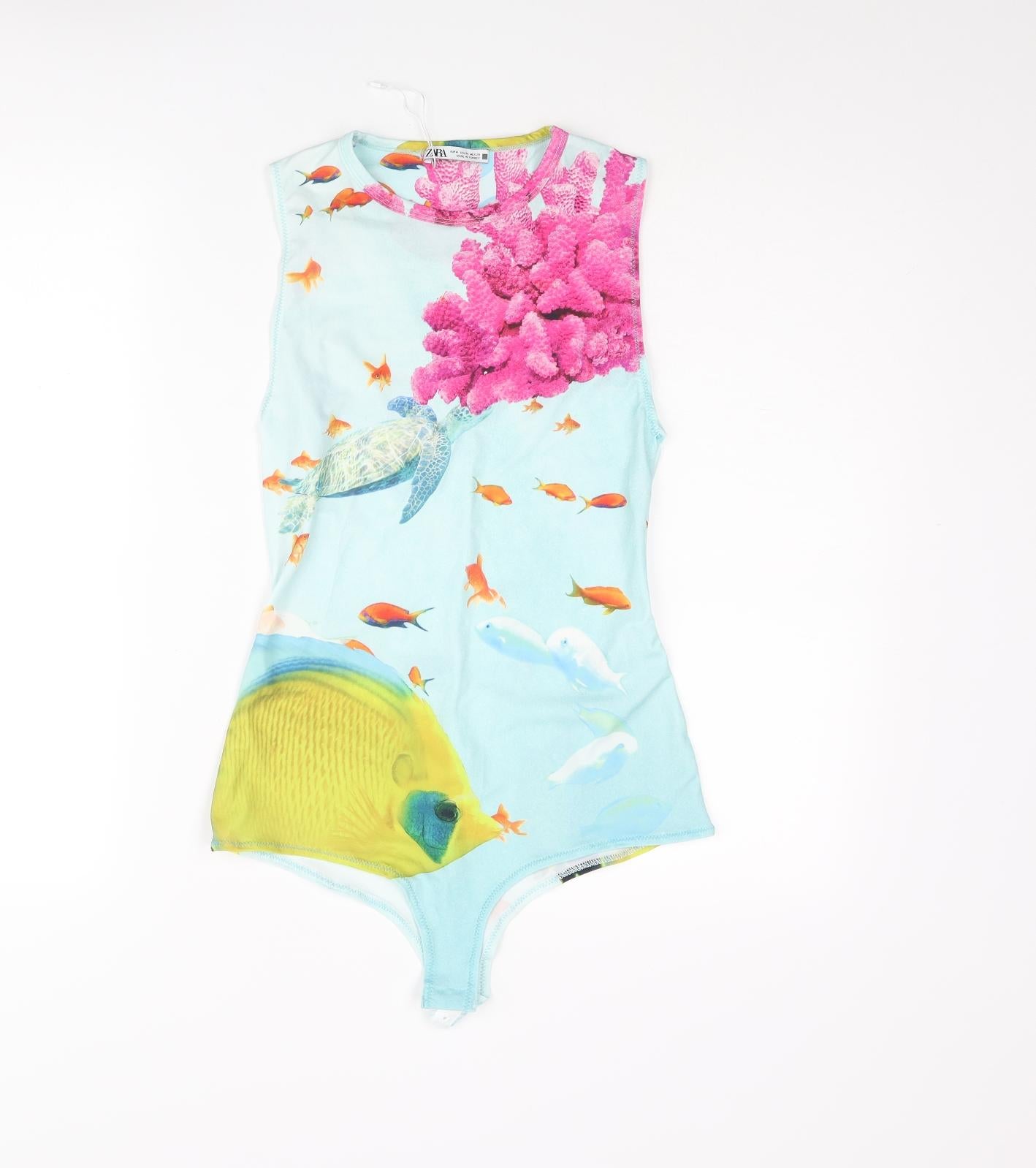 Zara Womens Blue Polyester Bodysuit One-Piece Size M Snap - Sealife Print