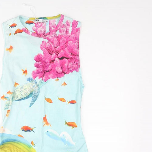 Zara Womens Blue Polyester Bodysuit One-Piece Size M Snap - Sealife Print