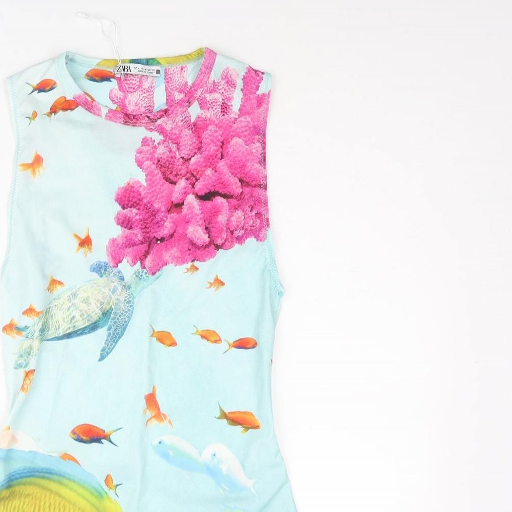 Zara Womens Blue Polyester Bodysuit One-Piece Size M Snap - Sealife Print