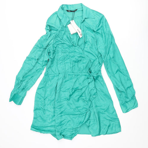 Zara Womens Green Viscose Wrap Dress Size L Collared Button