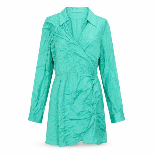 Front view of Zara women’s green viscose wrap dress, size L, collared button