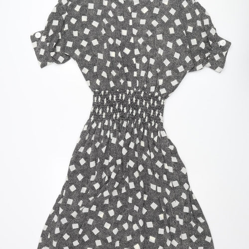 BHS Womens Black Polka Dot Polyester A-Line Size 12 Round Neck Button - Square Pattern