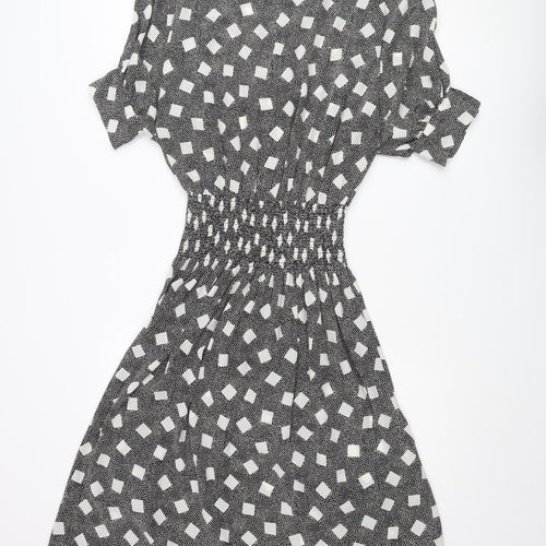 BHS Womens Black Polka Dot Polyester A-Line Size 12 Round Neck Button - Square Pattern