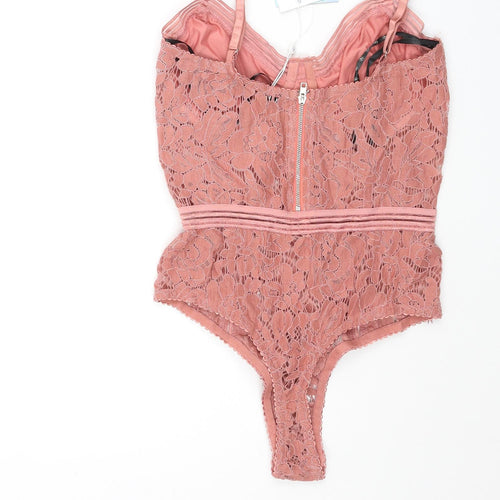 Missguided Womens Pink Nylon Bodysuit One-Piece Size 6 Zip