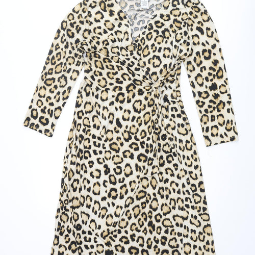 Carmen Womens Beige Animal Print Polyester Shift Size S V-Neck Pullover - Leopard Print, Twist Detail