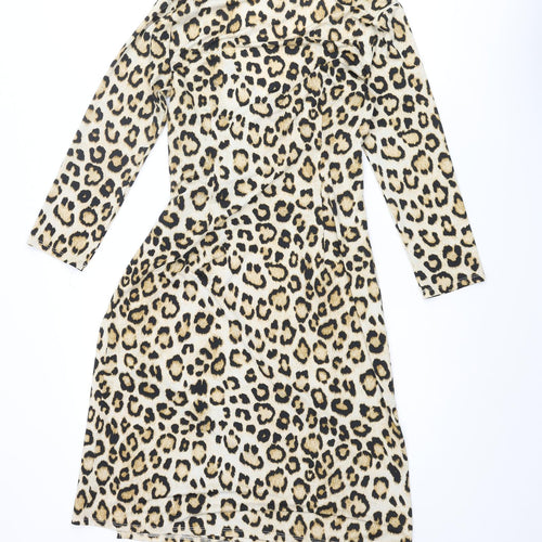 Carmen Womens Beige Animal Print Polyester Shift Size S V-Neck Pullover - Leopard Print, Twist Detail