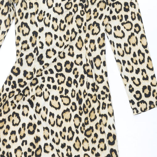 Carmen Womens Beige Animal Print Polyester Shift Size S V-Neck Pullover - Leopard Print, Twist Detail