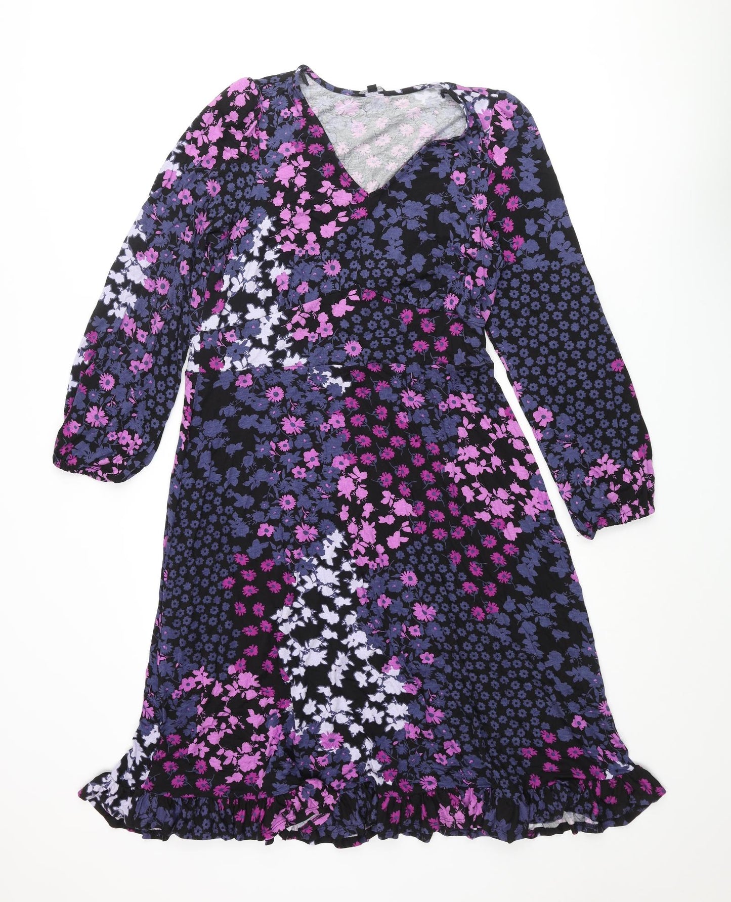 Roman Womens Multicoloured Floral Viscose A-Line Size 14 V-Neck Pullover - Frill
