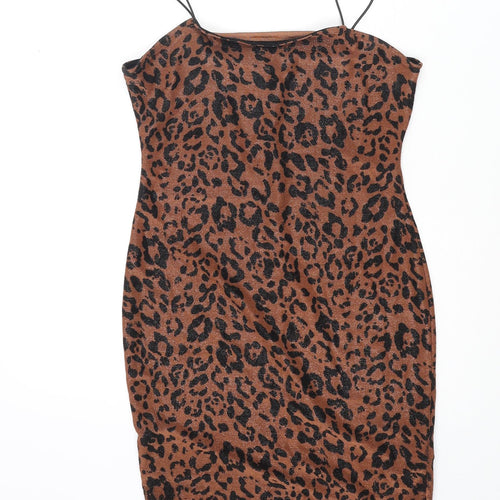 New Look Womens Brown Animal Print Polyester Mini Size 10 Square Neck Pullover - Leopard Print Glitter