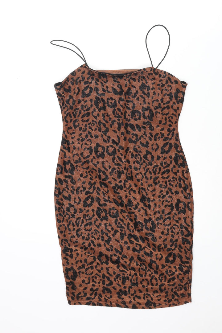 New Look Womens Brown Animal Print Polyester Mini Size 10 Square Neck Pullover - Leopard Print Glitter