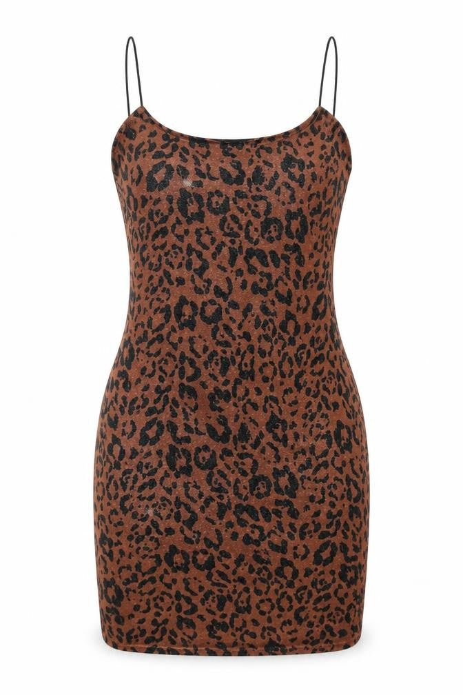 Front view of New Look women’s brown animal print polyester mini, size UK 10, square neck pullover - leopard print glitter