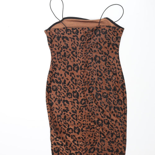 New Look Womens Brown Animal Print Polyester Mini Size 10 Square Neck Pullover - Leopard Print Glitter