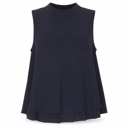 Front view of French Connection women’s blue polyester camisole blouse, size UK 12, mock neck - pleated
