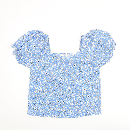 Mango Womens Blue Floral Polyester Basic Blouse Size S V-Neck