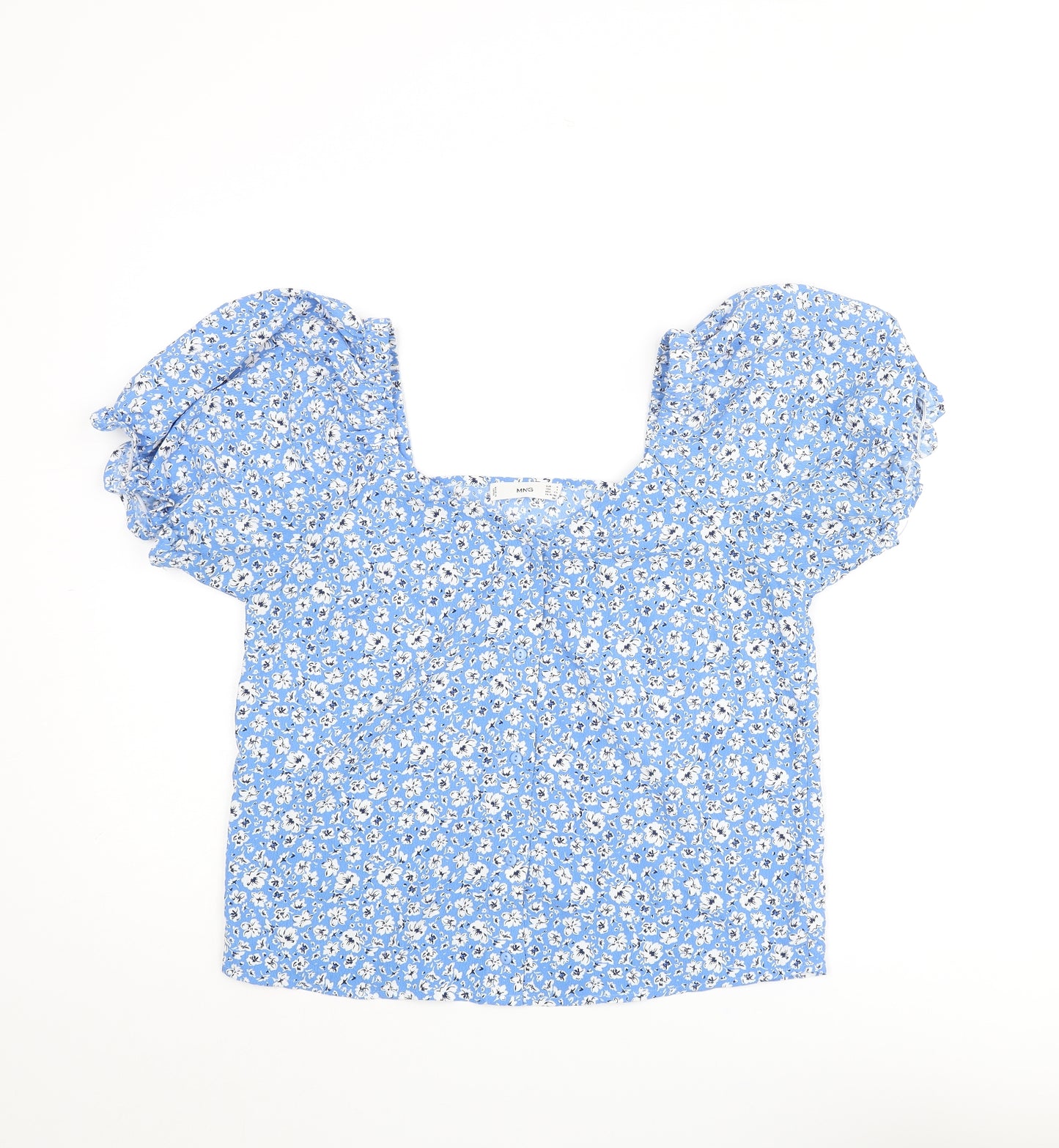 Mango Womens Blue Floral Polyester Basic Blouse Size S V-Neck