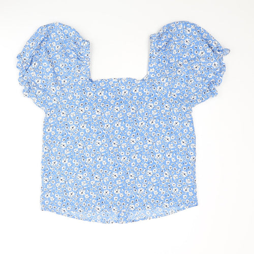 Mango Womens Blue Floral Polyester Basic Blouse Size S V-Neck