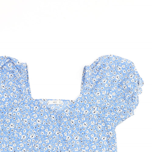 Mango Womens Blue Floral Polyester Basic Blouse Size S V-Neck