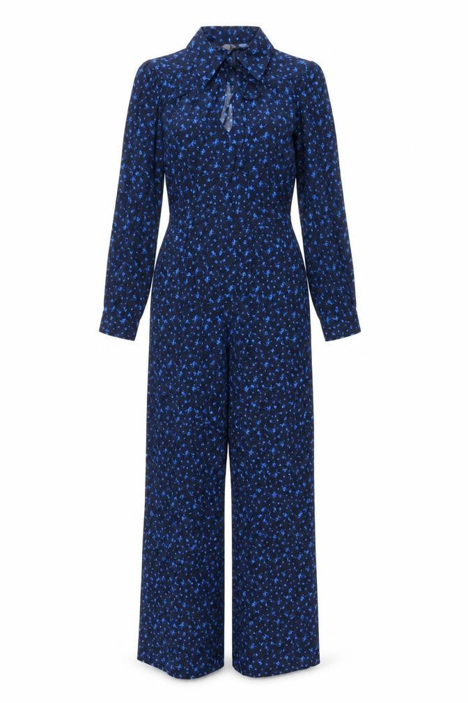 Marks and Spencer Womens Blue Geometric Viscose Jumpsuit One-Piece Size 6 L29 in Zip - Star Print Bow Keyhole