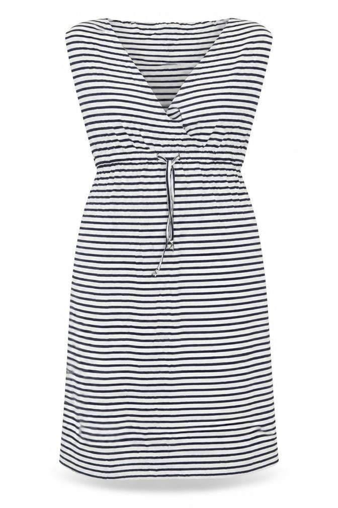 Front view of John Lewis women’s white striped viscose a-line, size M, square neck pullover - drawstring