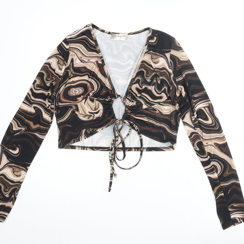 Voulez-Vous Womens Black Geometric Polyester Cropped Blouse Size 12 V-Neck - Marble Print Keyhole