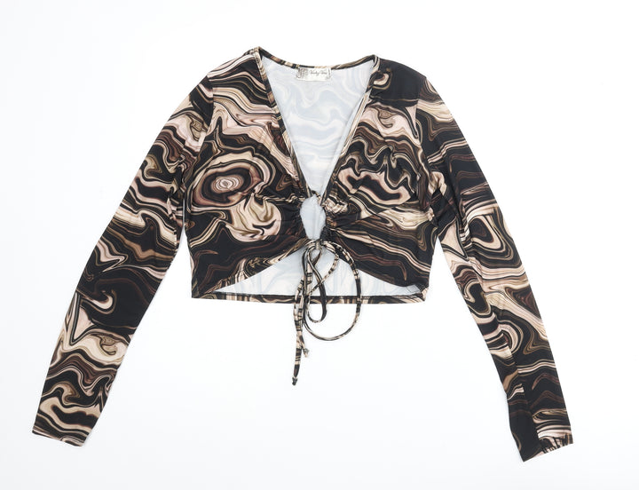 Voulez-Vous Womens Black Geometric Polyester Cropped Blouse Size 12 V-Neck - Marble Print Keyhole