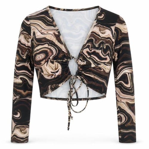 Voulez-Vous Womens Black Geometric Polyester Cropped Blouse Size 12 V-Neck - Marble Print Keyhole