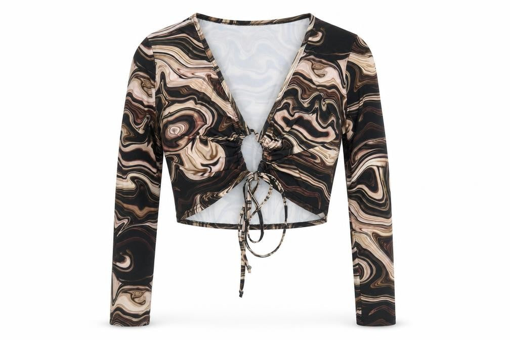 Voulez-Vous Womens Black Geometric Polyester Cropped Blouse Size 12 V-Neck - Marble Print Keyhole