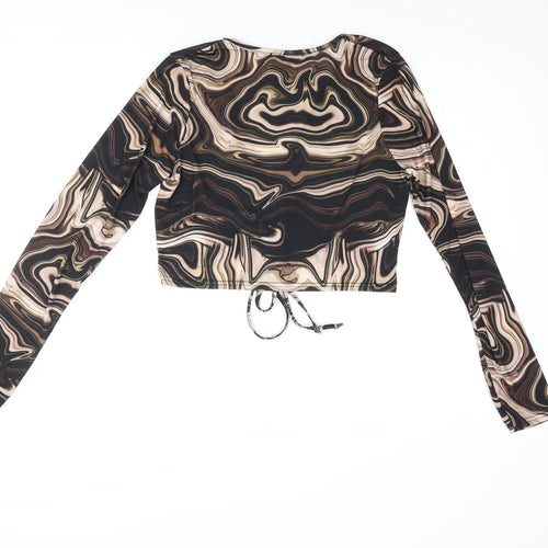 Voulez-Vous Womens Black Geometric Polyester Cropped Blouse Size 12 V-Neck - Marble Print Keyhole