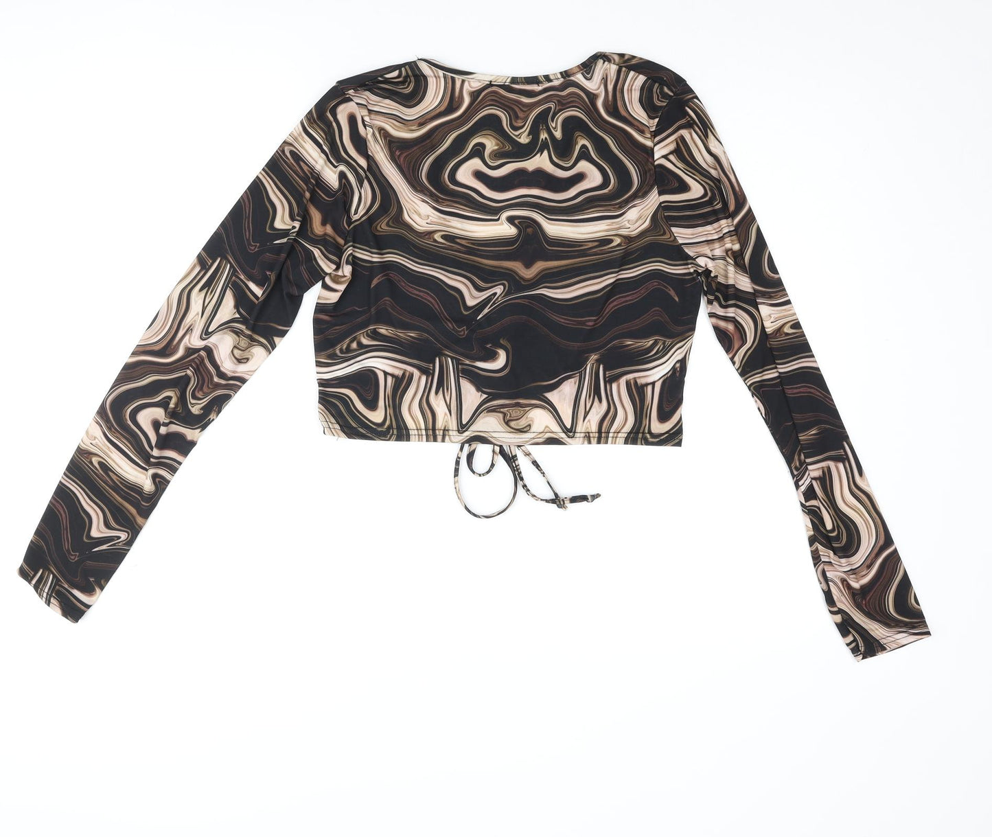 Voulez-Vous Womens Black Geometric Polyester Cropped Blouse Size 12 V-Neck - Marble Print Keyhole