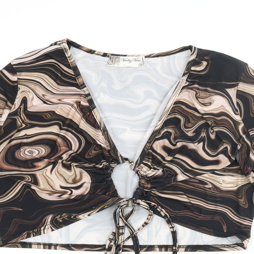 Voulez-Vous Womens Black Geometric Polyester Cropped Blouse Size 12 V-Neck - Marble Print Keyhole