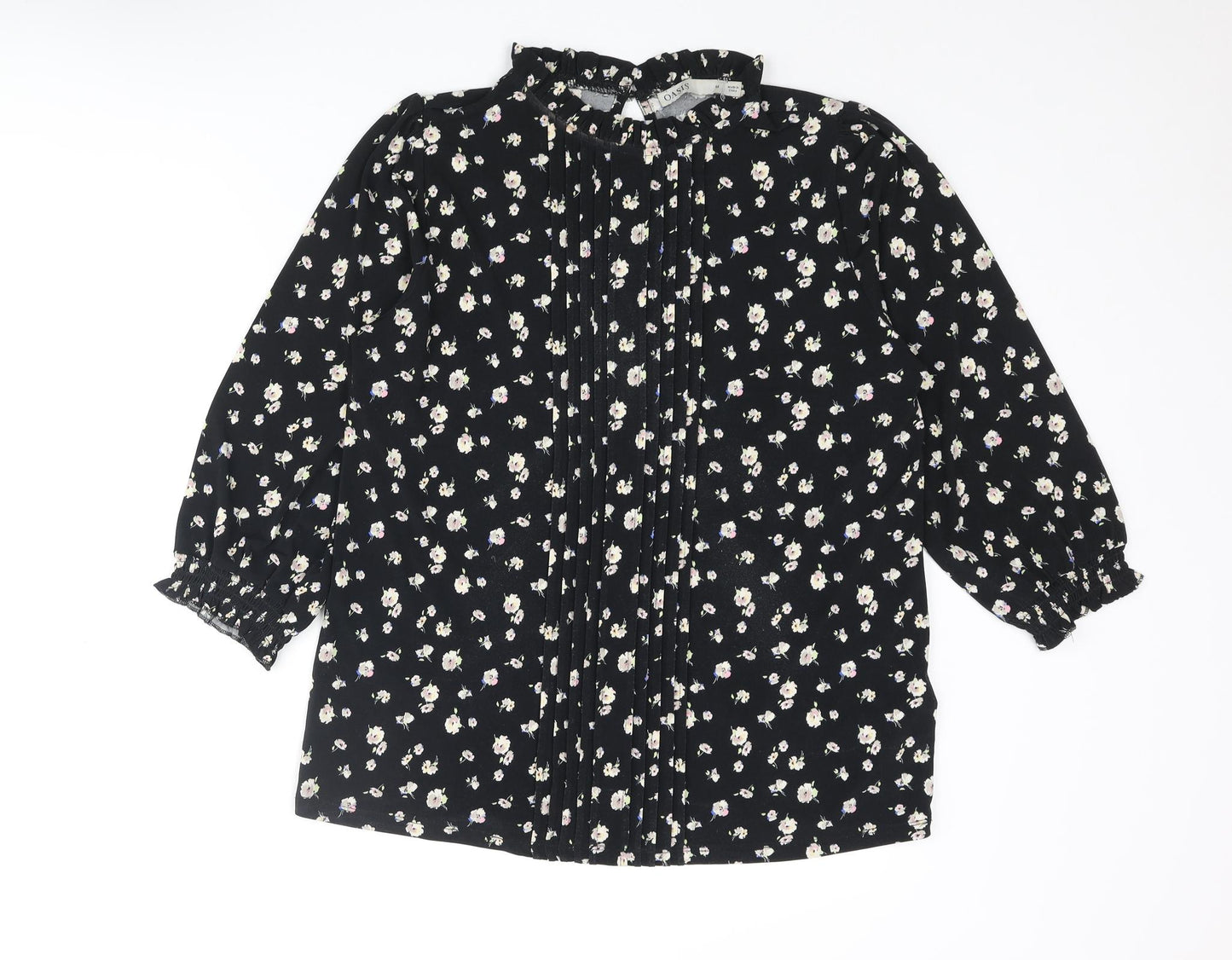 Oasis Womens Black Floral Polyester Basic Blouse Size M Mock Neck - Pleated Frill