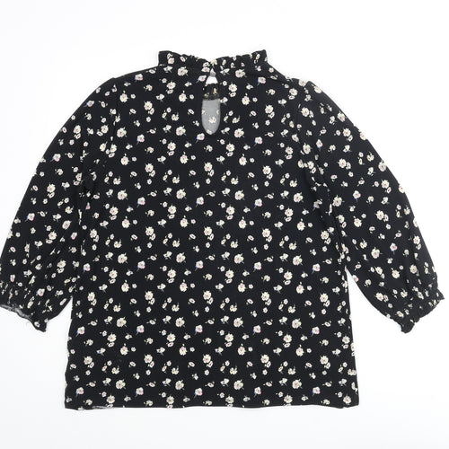 Oasis Womens Black Floral Polyester Basic Blouse Size M Mock Neck - Pleated Frill