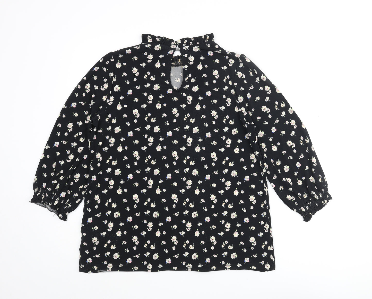 Oasis Womens Black Floral Polyester Basic Blouse Size M Mock Neck - Pleated Frill