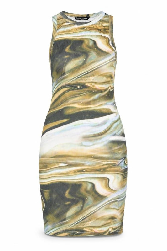 Front view of PRETTYLITTLETHING women’s multicoloured geometric polyester bodycon, crew neck pullover - marble print