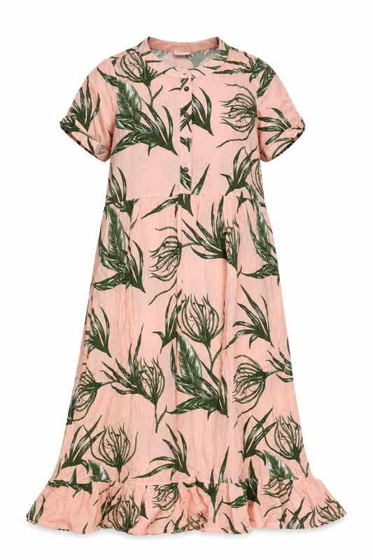 Front view of Mama-licious women’s pink geometric viscose a-line, size M, round neck button
