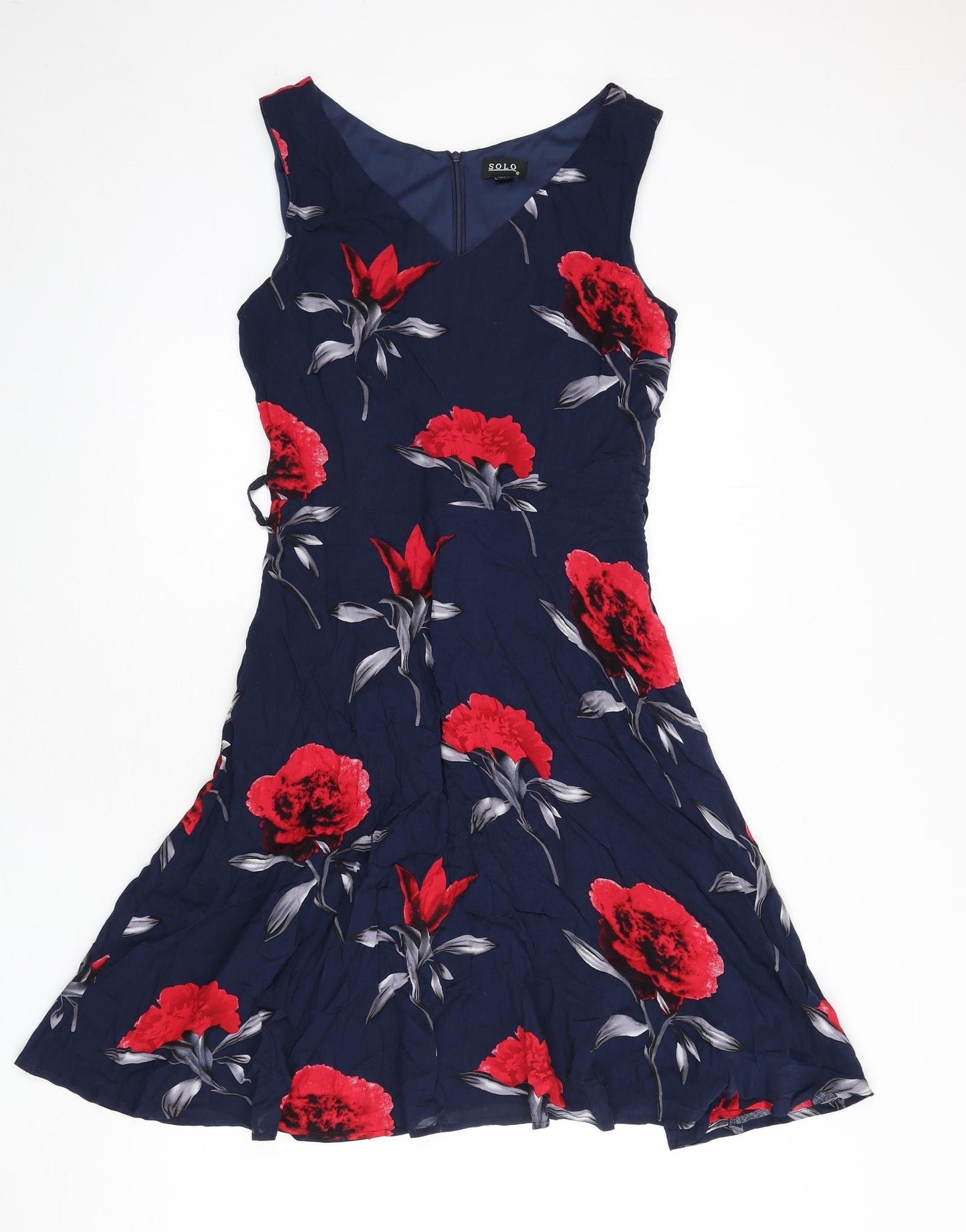 Solo Womens Blue Floral Viscose Fit & Flare Size 12 V-Neck Zip