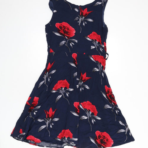Solo Womens Blue Floral Viscose Fit & Flare Size 12 V-Neck Zip