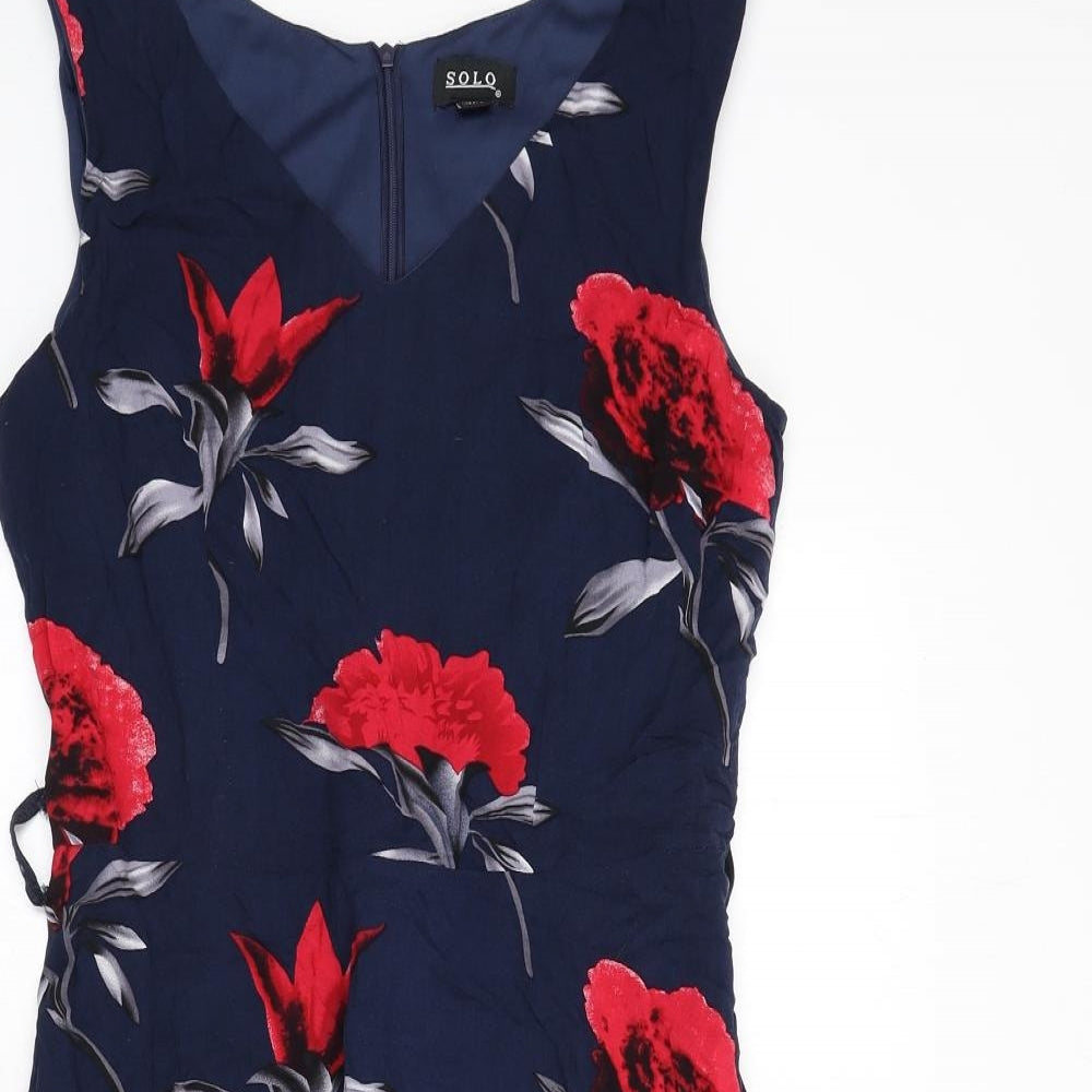 Solo Womens Blue Floral Viscose Fit & Flare Size 12 V-Neck Zip