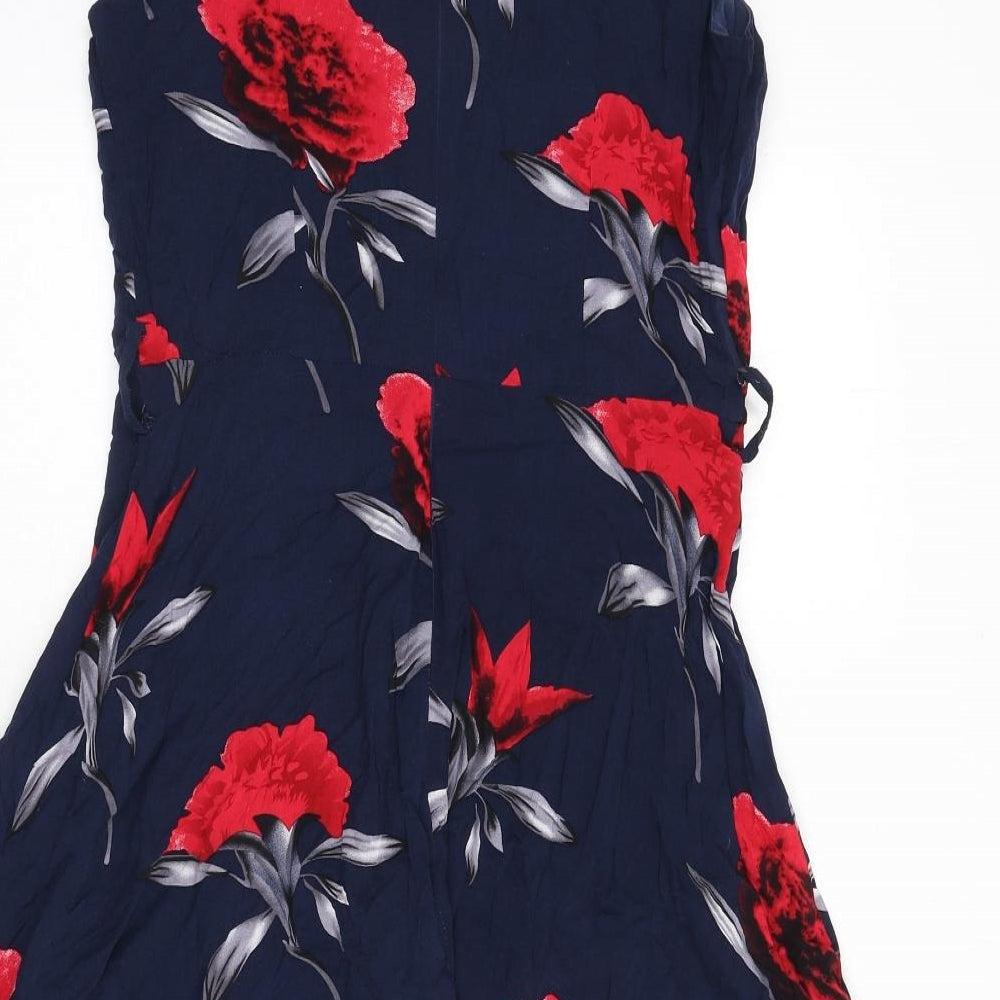Solo Womens Blue Floral Viscose Fit & Flare Size 12 V-Neck Zip