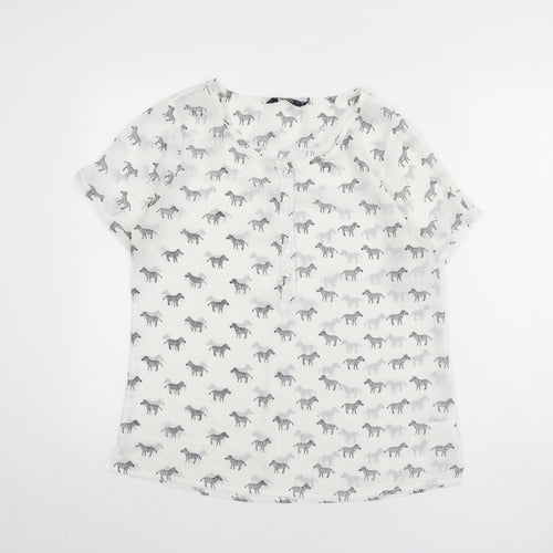 Multiblu Womens White Geometric Polyester Basic Blouse Size 10 Round Neck - Zebra