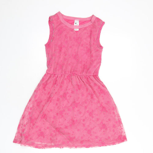 C&A Girls Pink Floral Polyamide Fit & Flare Size 10-11 Years Round Neck Pullover - Lace Overlay