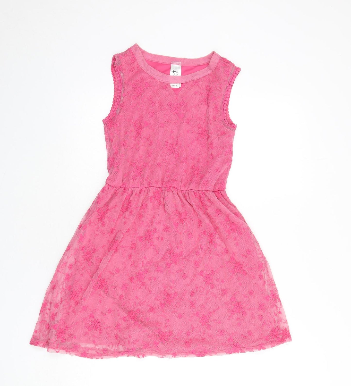 C&A Girls Pink Floral Polyamide Fit & Flare Size 10-11 Years Round Neck Pullover - Lace Overlay