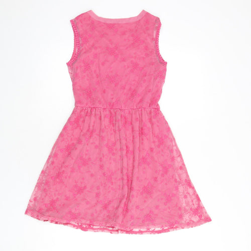 C&A Girls Pink Floral Polyamide Fit & Flare Size 10-11 Years Round Neck Pullover - Lace Overlay