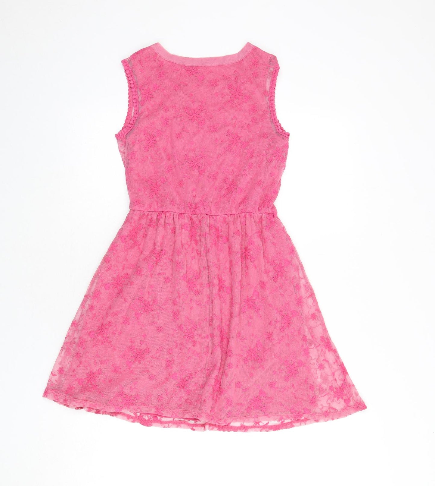 C&A Girls Pink Floral Polyamide Fit & Flare Size 10-11 Years Round Neck Pullover - Lace Overlay