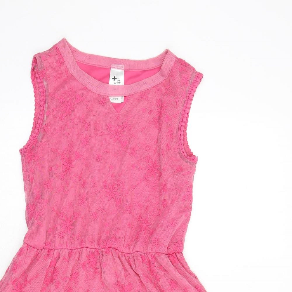 C&A Girls Pink Floral Polyamide Fit & Flare Size 10-11 Years Round Neck Pullover - Lace Overlay