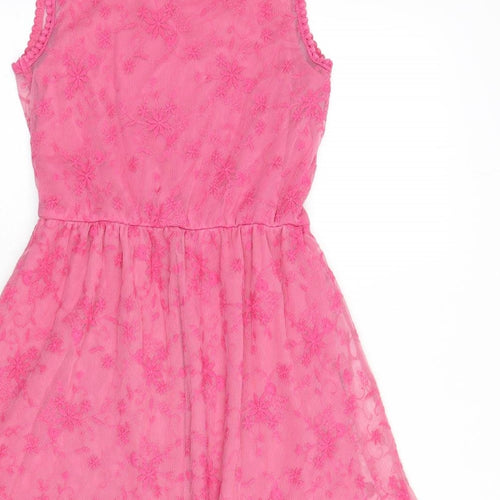 C&A Girls Pink Floral Polyamide Fit & Flare Size 10-11 Years Round Neck Pullover - Lace Overlay