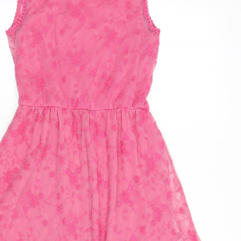 C&A Girls Pink Floral Polyamide Fit & Flare Size 10-11 Years Round Neck Pullover - Lace Overlay
