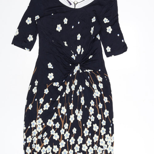 Laurél Womens Blue Floral Viscose A-Line Size 12 Boat Neck Zip
