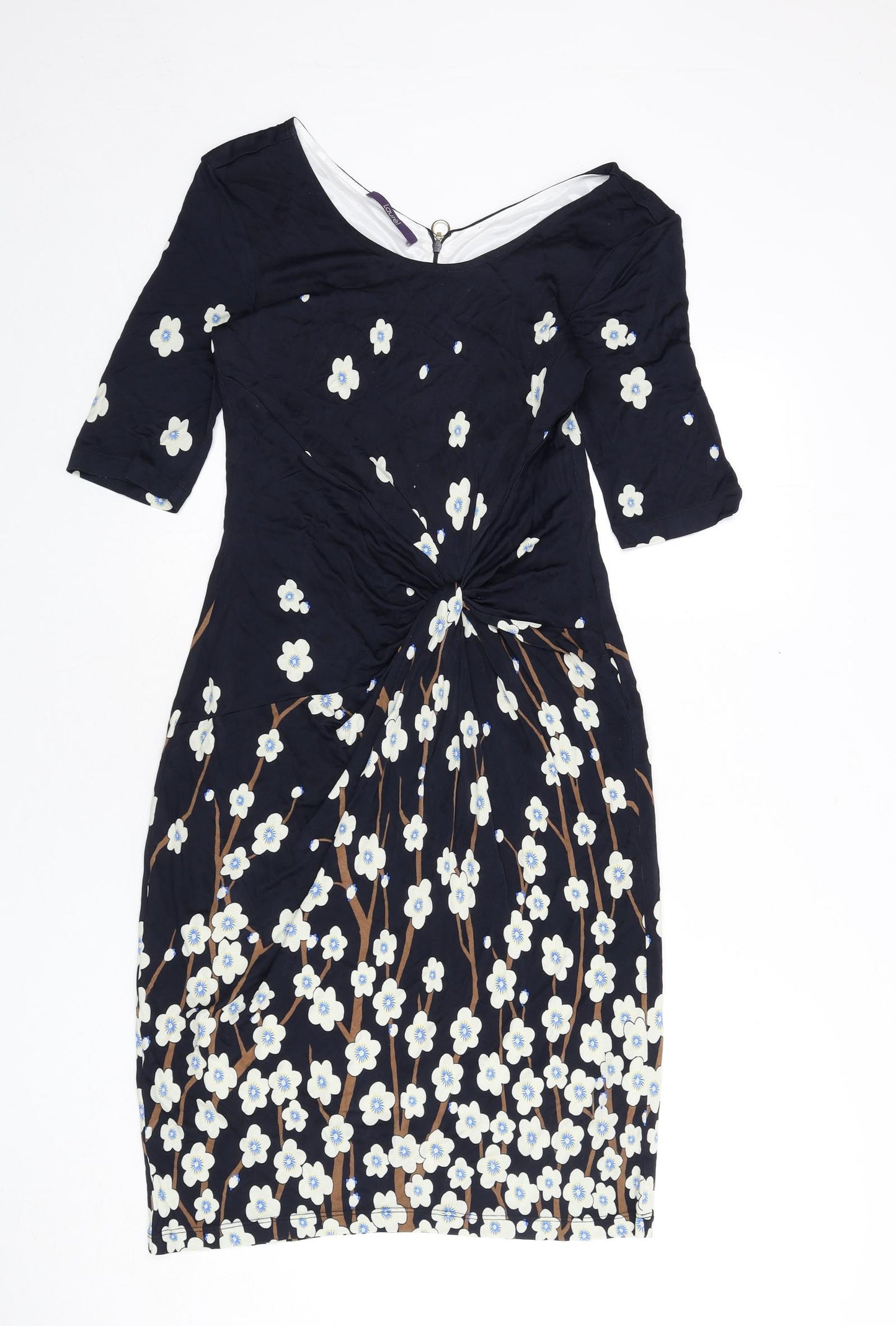 Laurél Womens Blue Floral Viscose A-Line Size 12 Boat Neck Zip